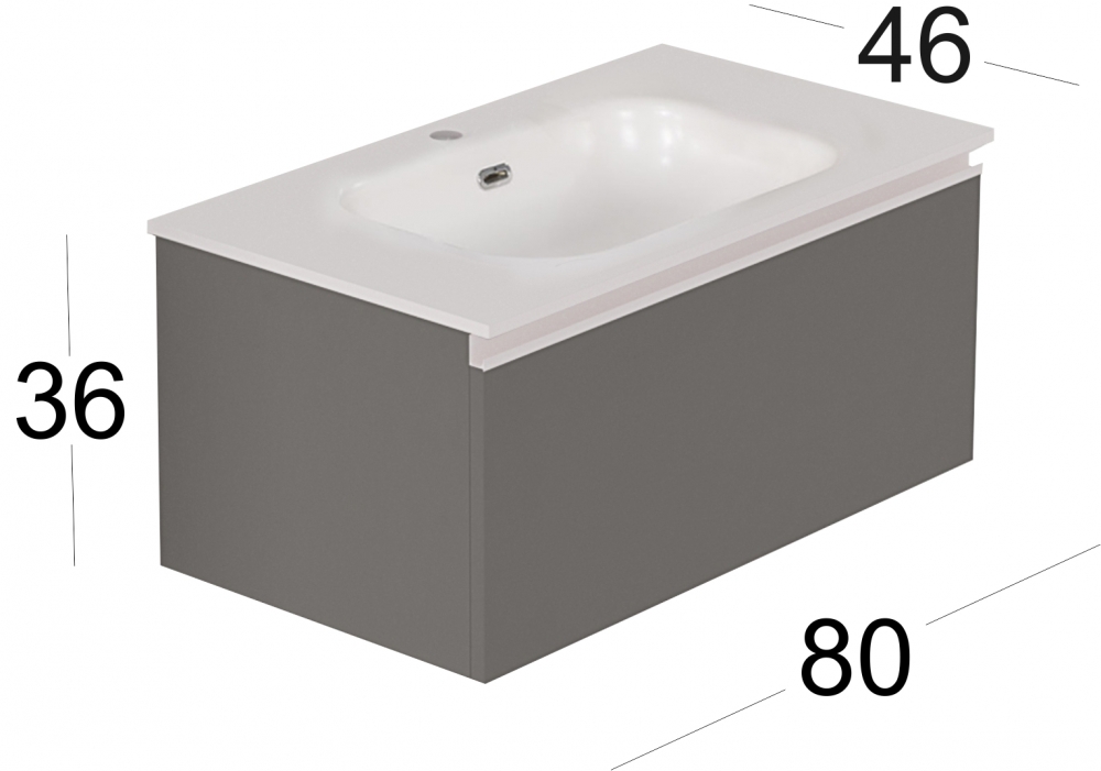 Vallessi UNO Waschtisch mit Waschtischunterschrank 80x36 cm mit 1 Auszug Matt Cashmere mit Überlauf und Inneneinteilung